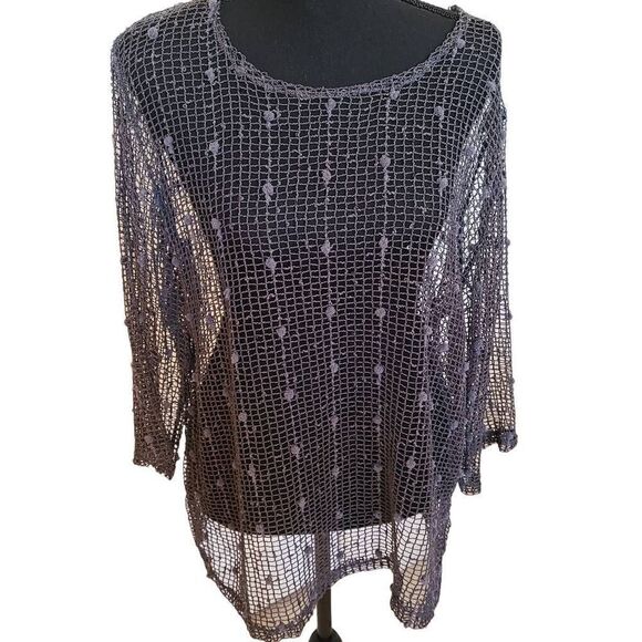 Womens Knit-Braid Perforated Gray Fishnet Top Large - Picture 1 of 9
